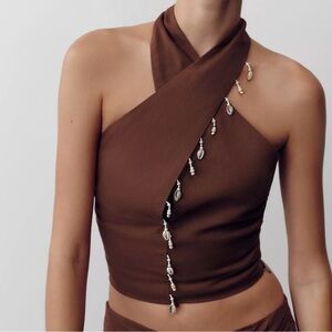 Zara Brown Halter Top with Shell Accents